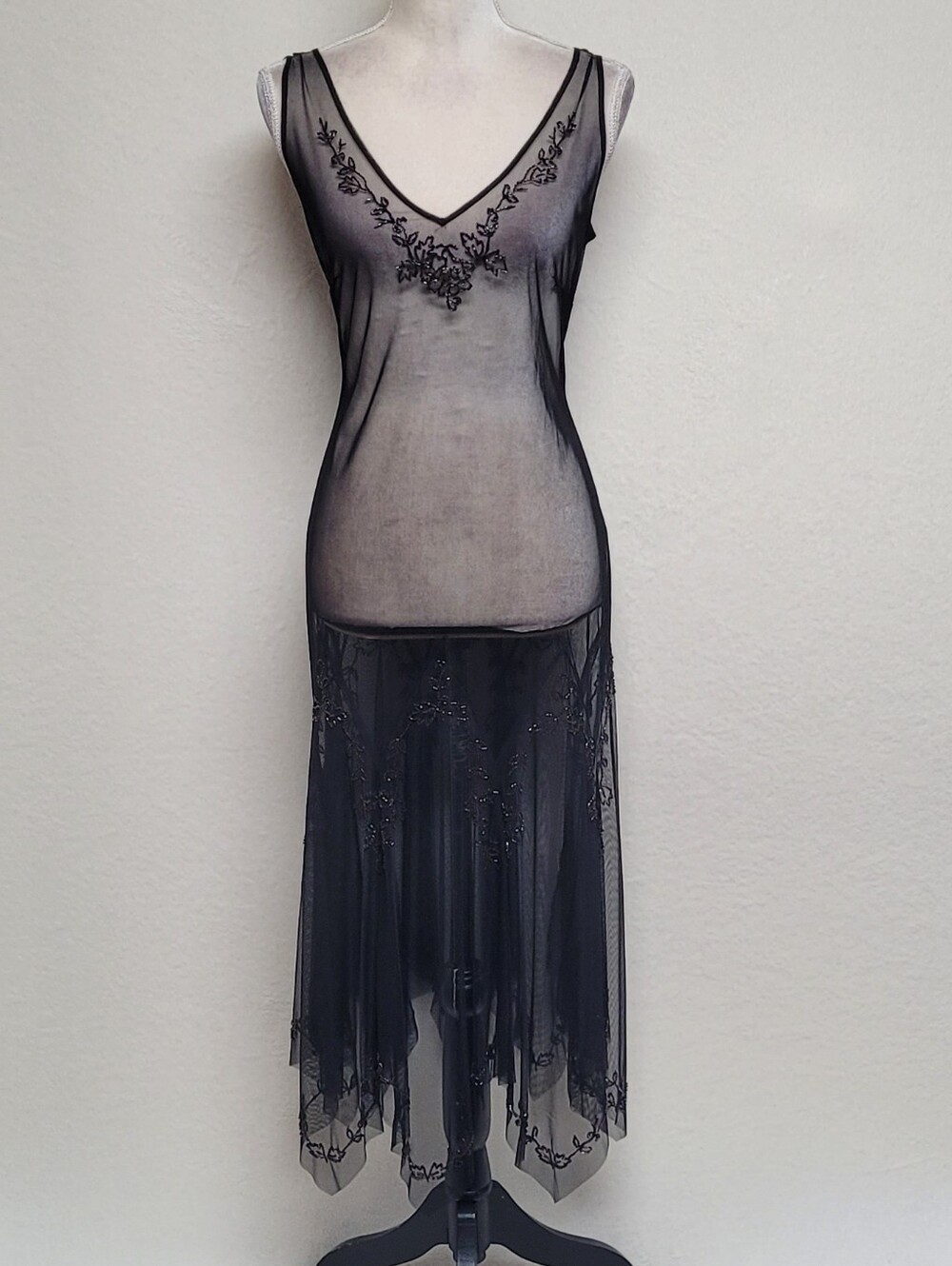 Gothic Fairytale Cache Vintage Black Sheer Mesh Beaded Asymmetric Midi Dress - Picture 11 of 12